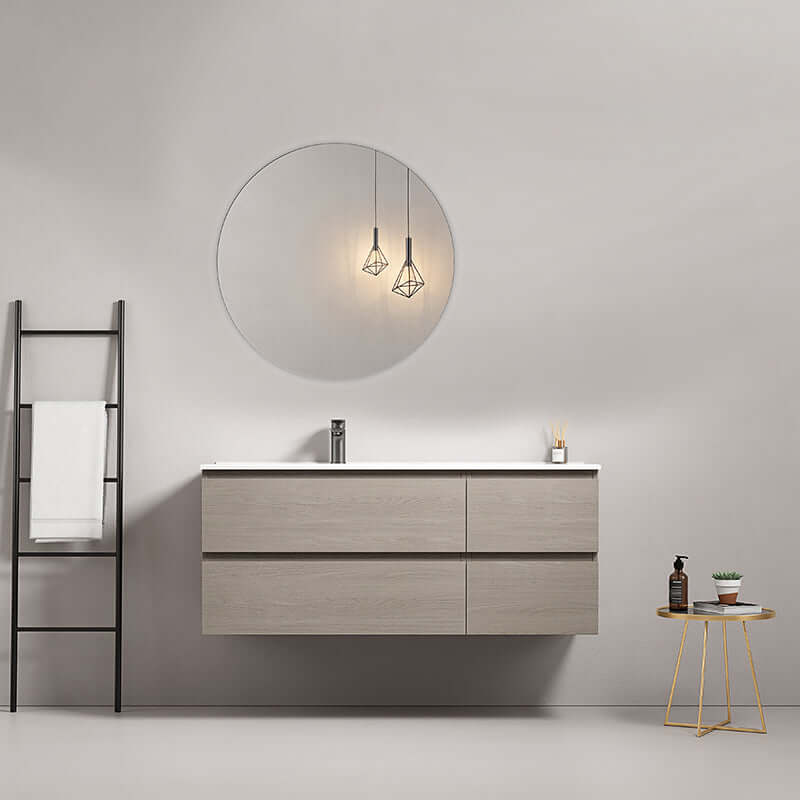 Mobile bagno sospeso 120 cm Beige Lavabo a Sinistra in Ceramica Specchio Tondo - Fiji Wood