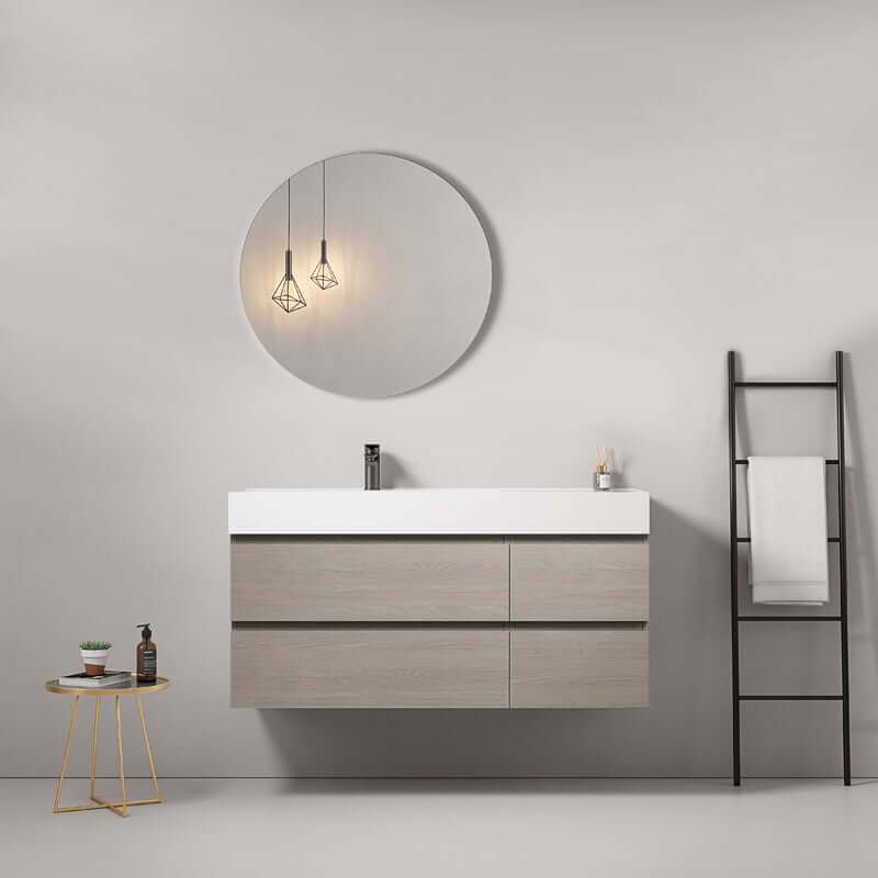 Mobile bagno sospeso 120 cm Beige Lavabo a Sinistra in Resina Specchio Tondo - Fiji Wood