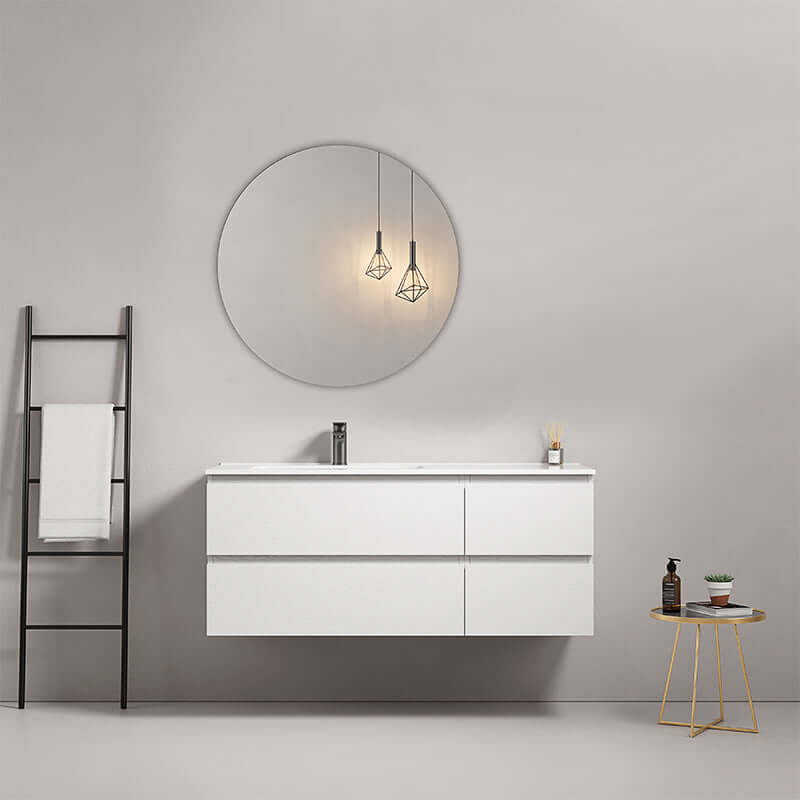 Mobile bagno sospeso 120 cm Bianco Lavabo a Sinistra in Ceramica Specchio Tondo - Fiji Wood