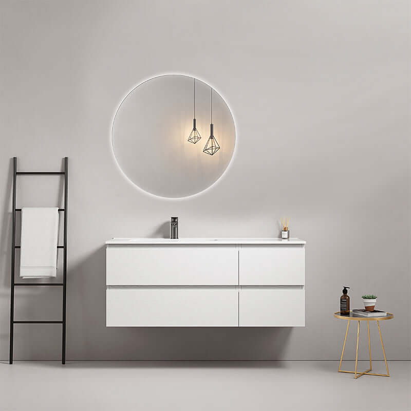 Mobile bagno sospeso 120 cm Bianco Lavabo a Sinistra in Ceramica Specchio Tondo Retroilluminato - Fiji Wood