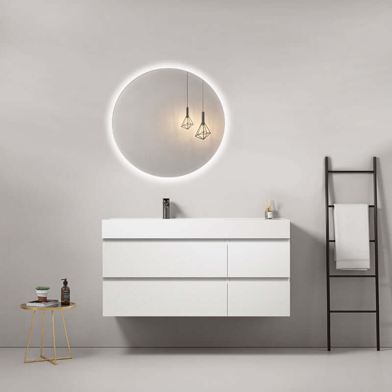 Mobile bagno sospeso 120 cm Bianco Lavabo a Sinistra in Resina Specchio Tondo Retroilluminato - Fiji Wood