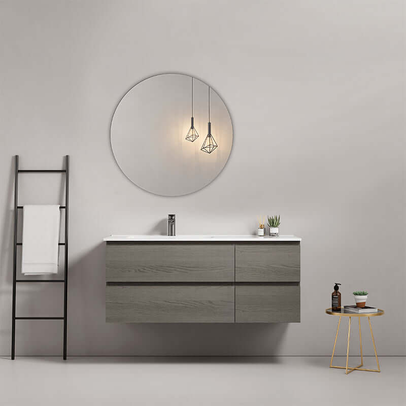 Mobile bagno sospeso 120 cm Grey Lavabo a Sinistra in Ceramica Specchio Tondo - Fiji Wood