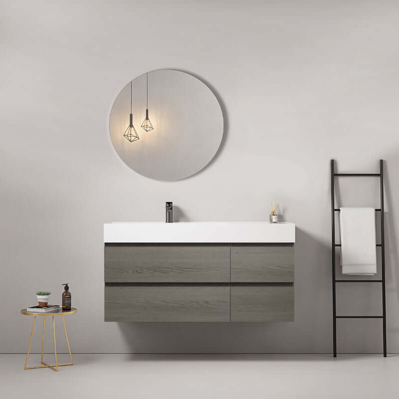 Mobile bagno sospeso 120 cm Grey Lavabo a Sinistra in Resina Specchio Tondo - Fiji Wood