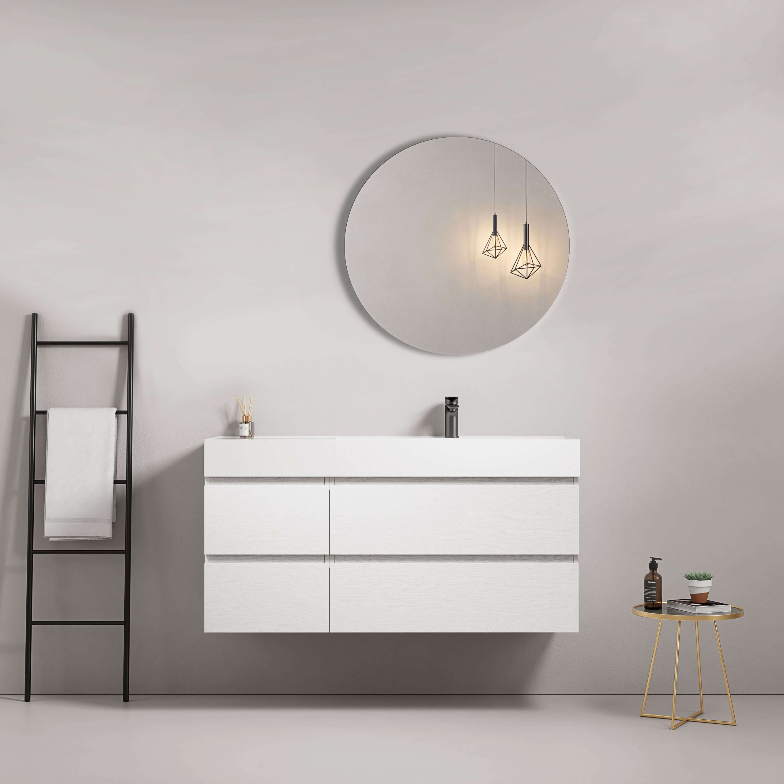 Mobile bagno sospeso 120 cm Bianco Lavabo a Destra in Resina Specchio Tondo - Fiji Wood