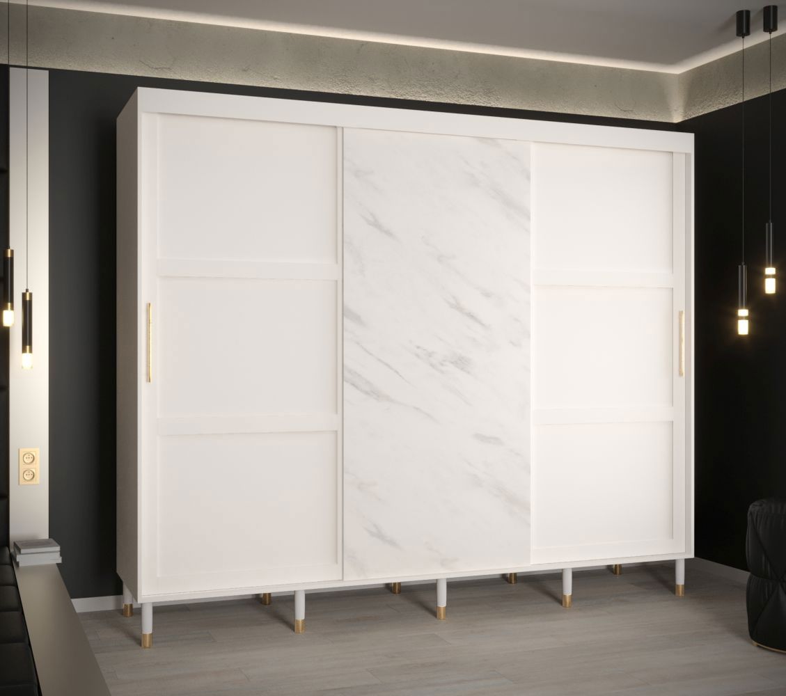 Armadio semplice con aspetto marmoreo Jotunheimen 95, colore: Bianco - Dimensioni: 208 x 250,5 x 62 cm (A x L x P)