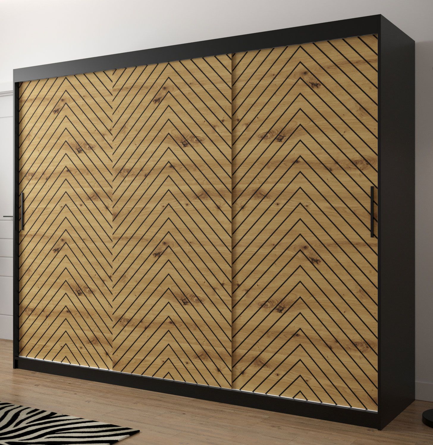 Armadio molto spazioso Mulhacen 71, nero opaco / rovere Artisan - 200 x 250 x 62 cm (h x l x p), 10 scomparti e 2 barre appendiabiti