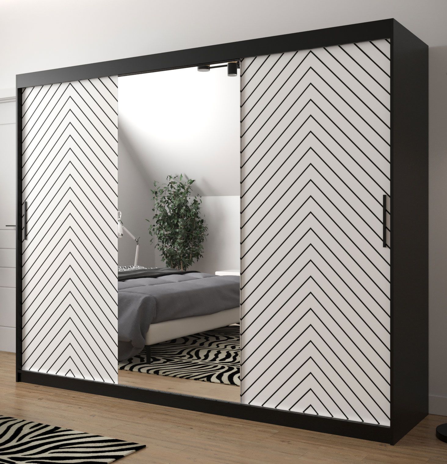 Grande Armadio moderno Mulhacen 108, nero opaco / bianco opaco - 200 x 250 x 62 cm (h x l x p), 10 scomparti e 2 barre appendiabiti