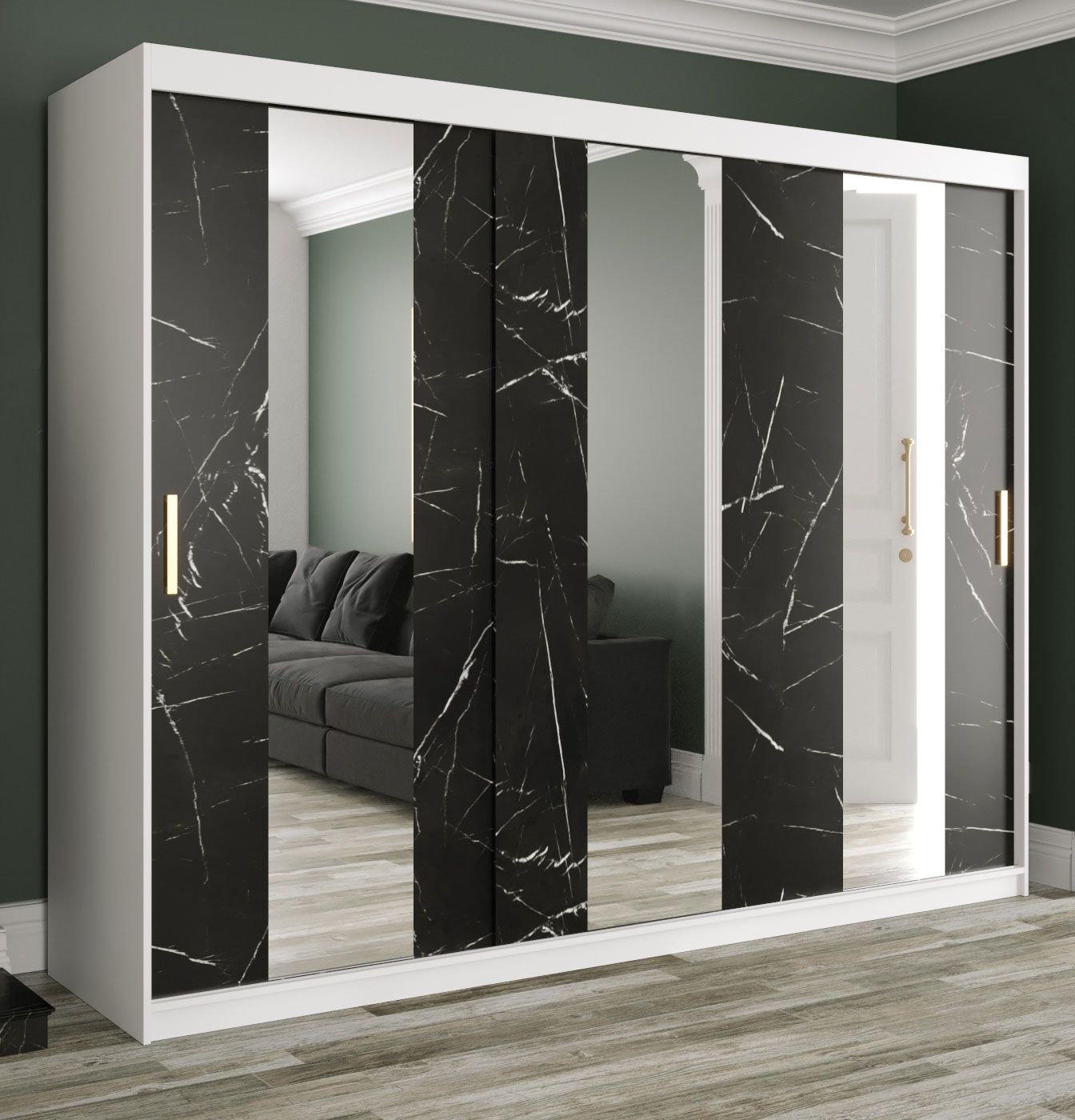 Armadio effetto marmo Etna 23, bianco opaco / marmo nero - 200 x 250 x 62 cm (h x l x p)