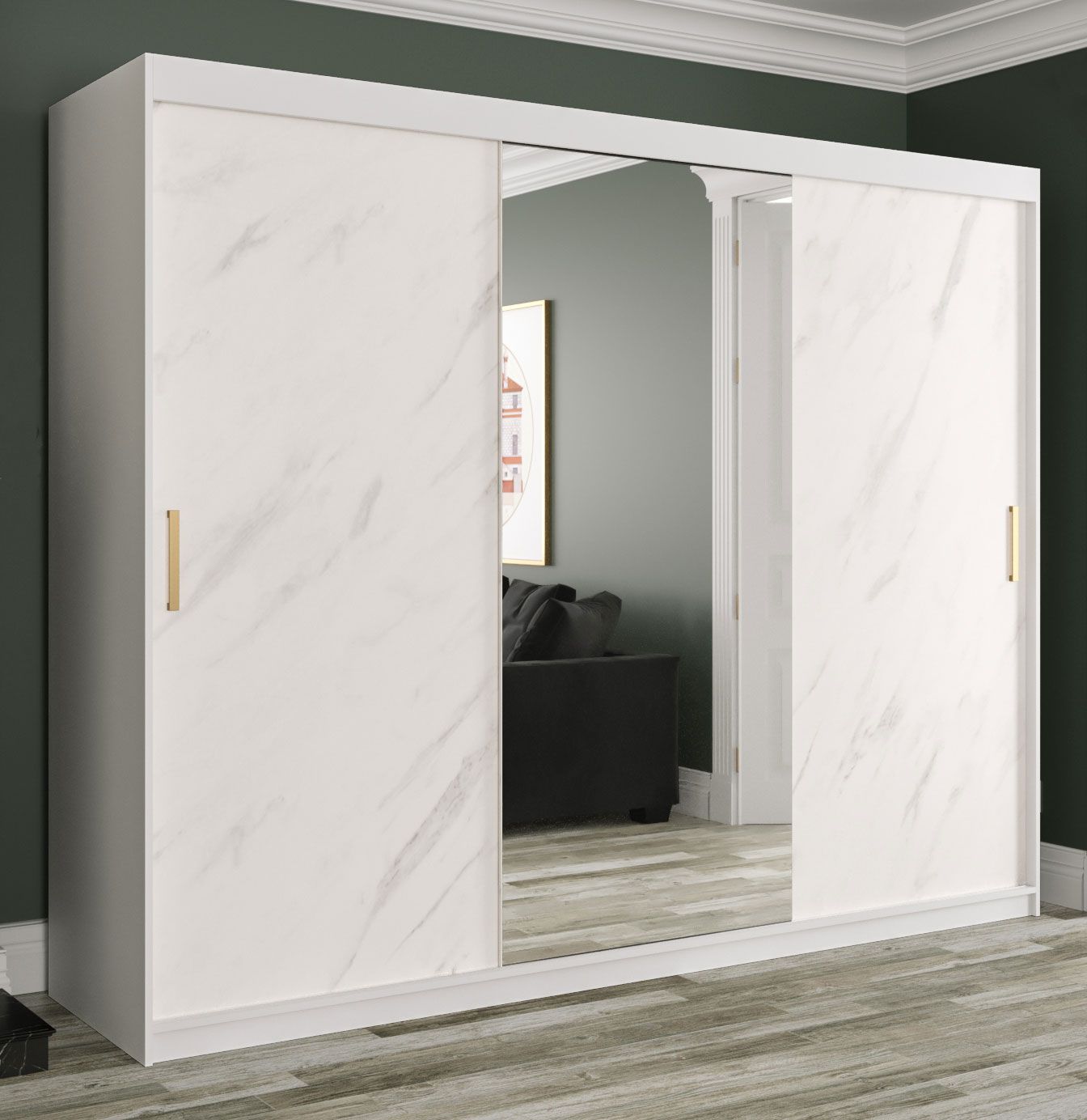 Armadio spazioso Etna 72, bianco opaco / marmo bianco - 200 x 250 x 62 cm (h x l x p), con 2 barre appendiabiti