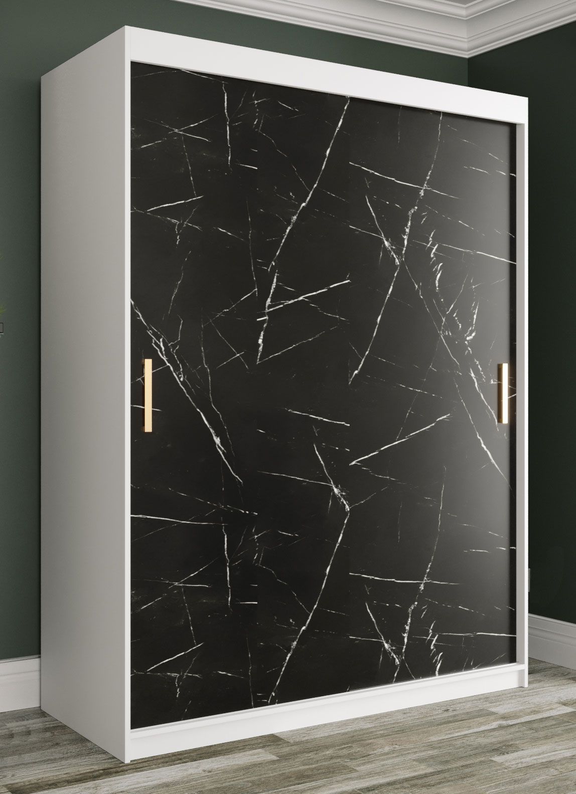 Armadio moderno Etna 35, bianco opaco / marmo nero - 200 x 150 x 62 cm (h x l x p), 5 scomparti e 2 barre appendiabiti