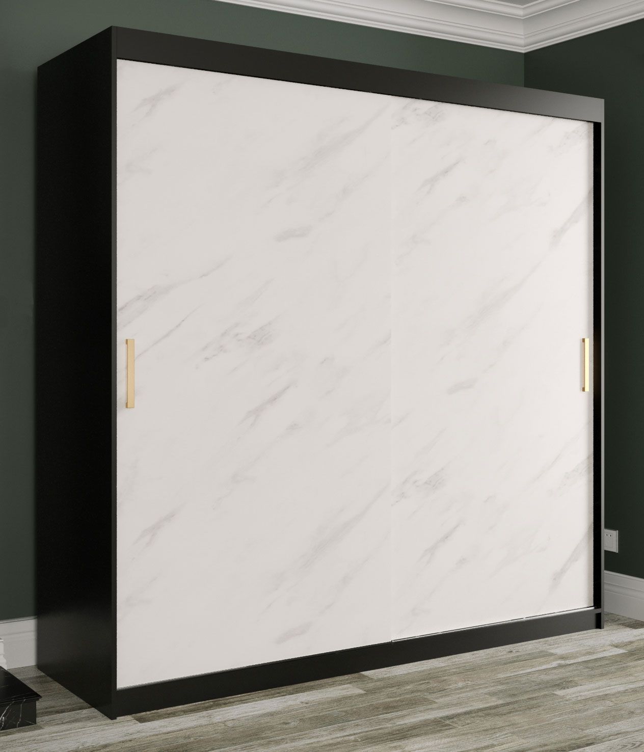 Armadio ad ante scorrevoli effetto marmo Etna 42, nero opaco / marmo bianco - 200 x 200 x 62 cm (h x l x p), 10 scomparti e 2 barre appendiabiti