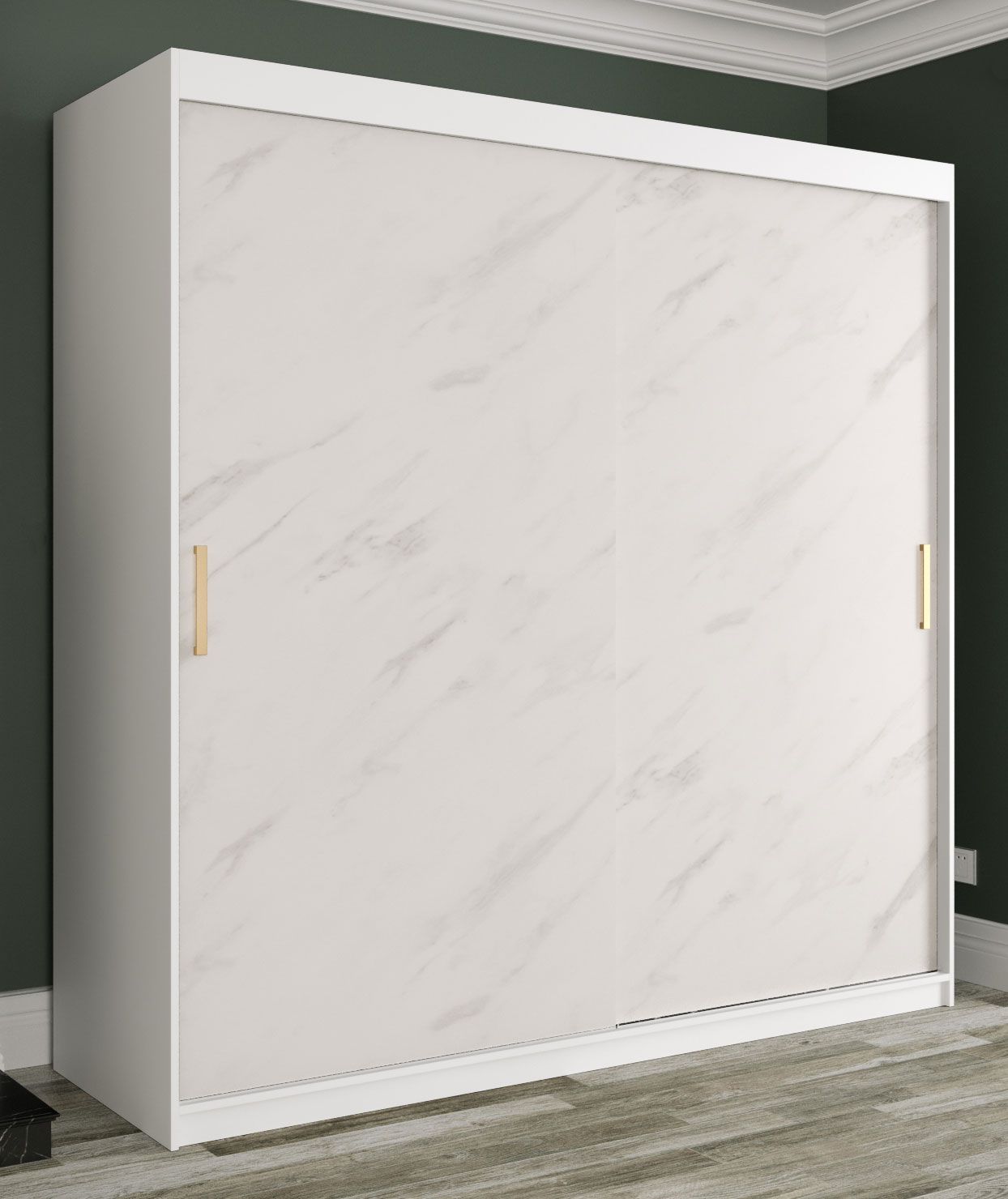 Elegante Armadio spazioso Etna 44, bianco opaco / marmo bianco - 200 x 200 x 62 cm (h x l x p), 10 scomparti e 2 barre appendiabiti
