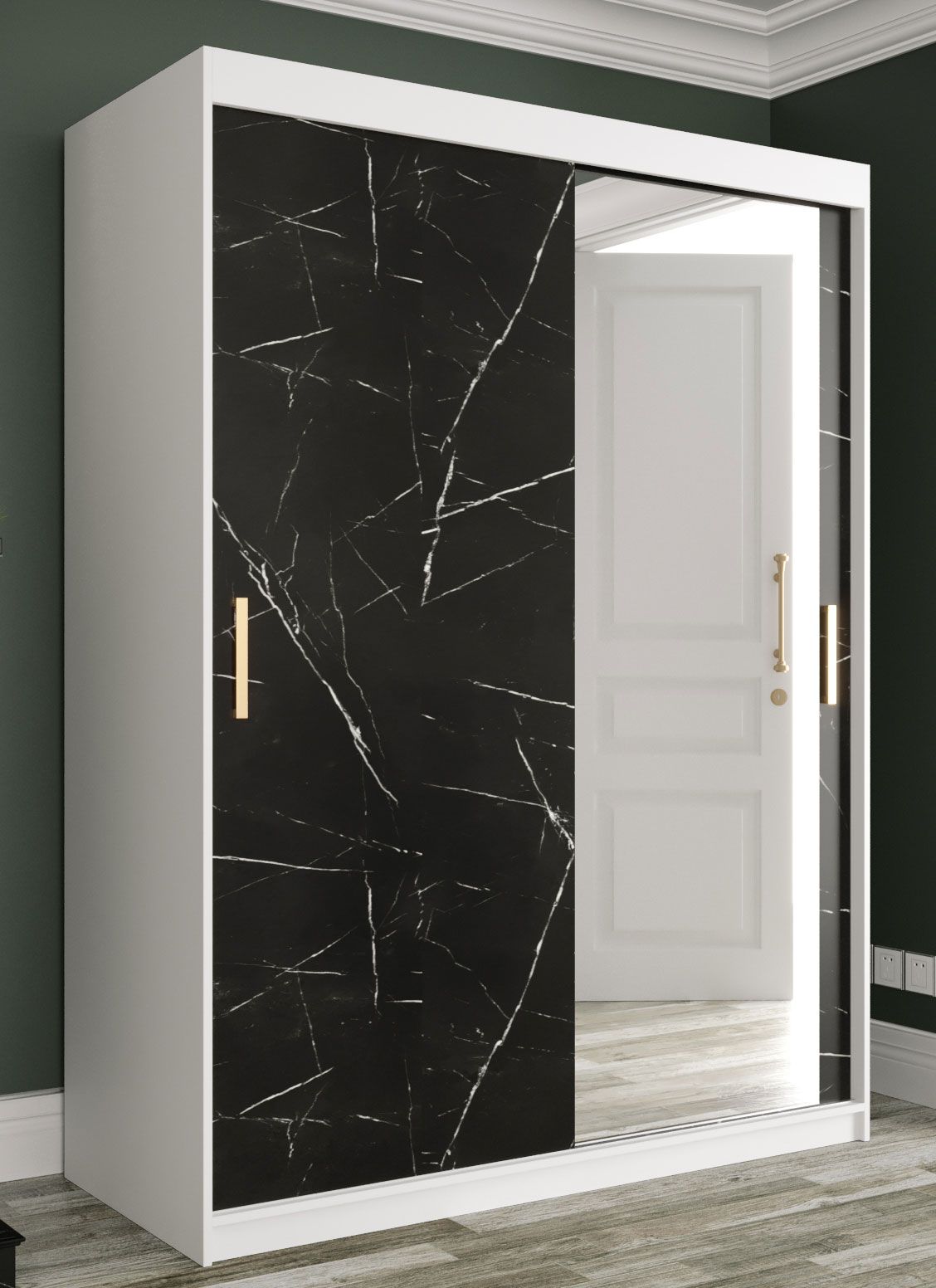 Elegante Armadio spazioso Etna 83, bianco opaco / marmo nero - 200 x 150 x 62 cm (h x l x p), 5 scomparti e 2 barre appendiabiti