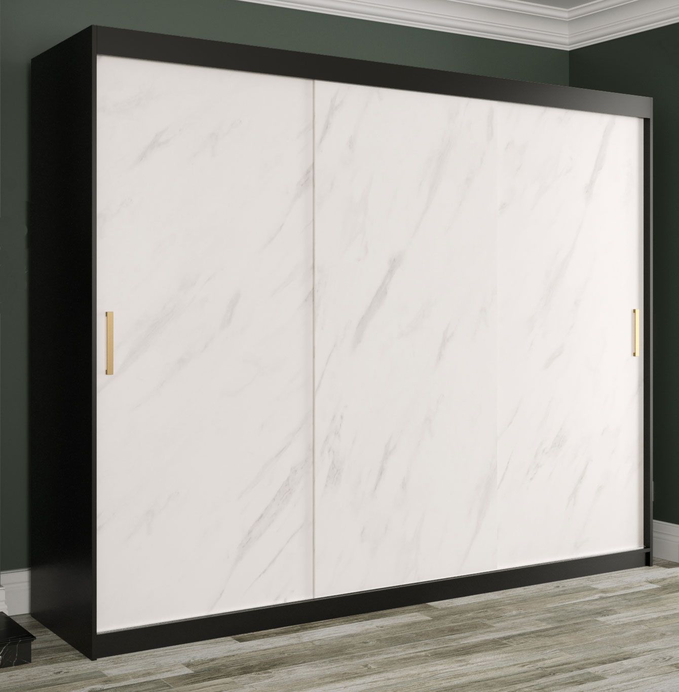 Elegante Armadio spazioso Etna 46, nero opaco / marmo bianco - 200 x 250 x 62 cm (h x l x p), elegante effetto marmo