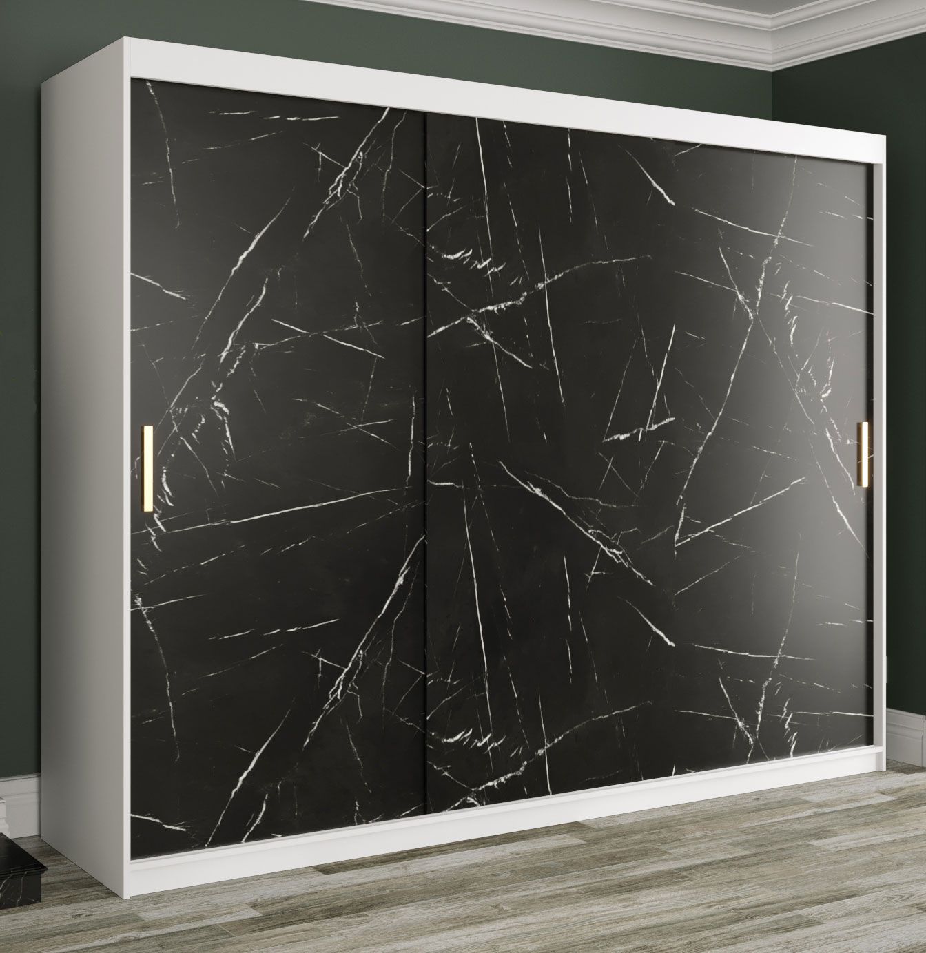 Grande Armadio effetto marmo Etna 47, bianco opaco / marmo nero - 200 x 250 x 62 cm (h x l x p), 10 scomparti e 2 barre appendiabiti