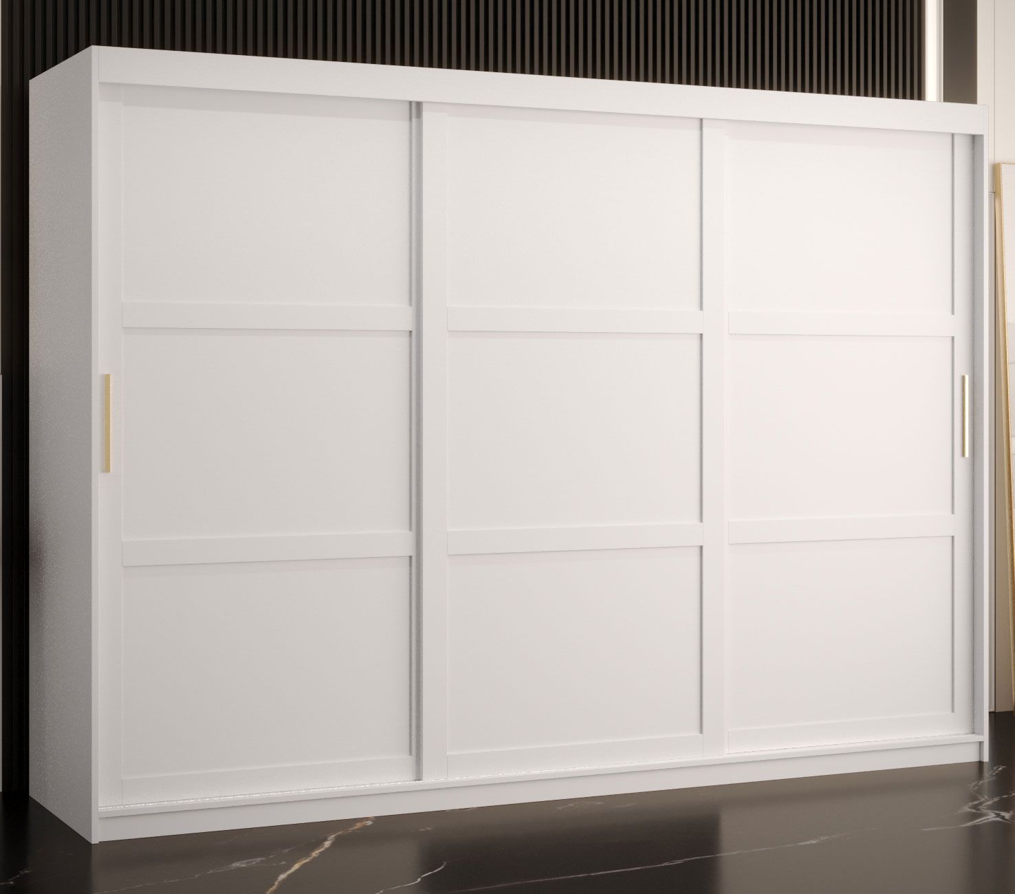 Elegante Armadio a 3 ante Liskamm 21, bianco opaco - 200 x 250 x 62 cm (h x l x p), 10 scomparti e 2 barre appendiabiti