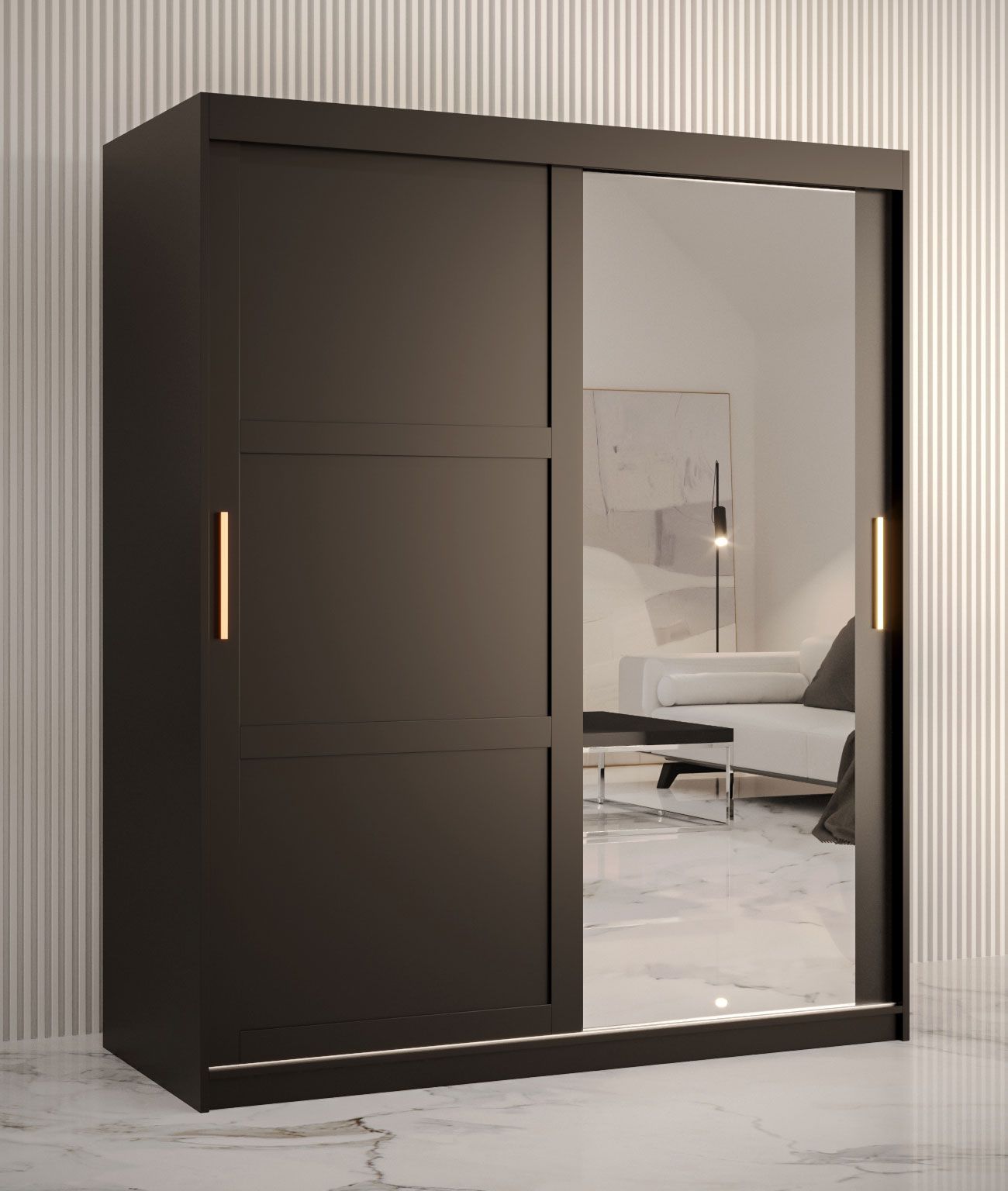 Elegante Armadio con anta a specchio Liskamm 36, nero opaco - 200 x 150 x 62 cm (h x l x p), 5 scomparti e 2 barre appendiabiti
