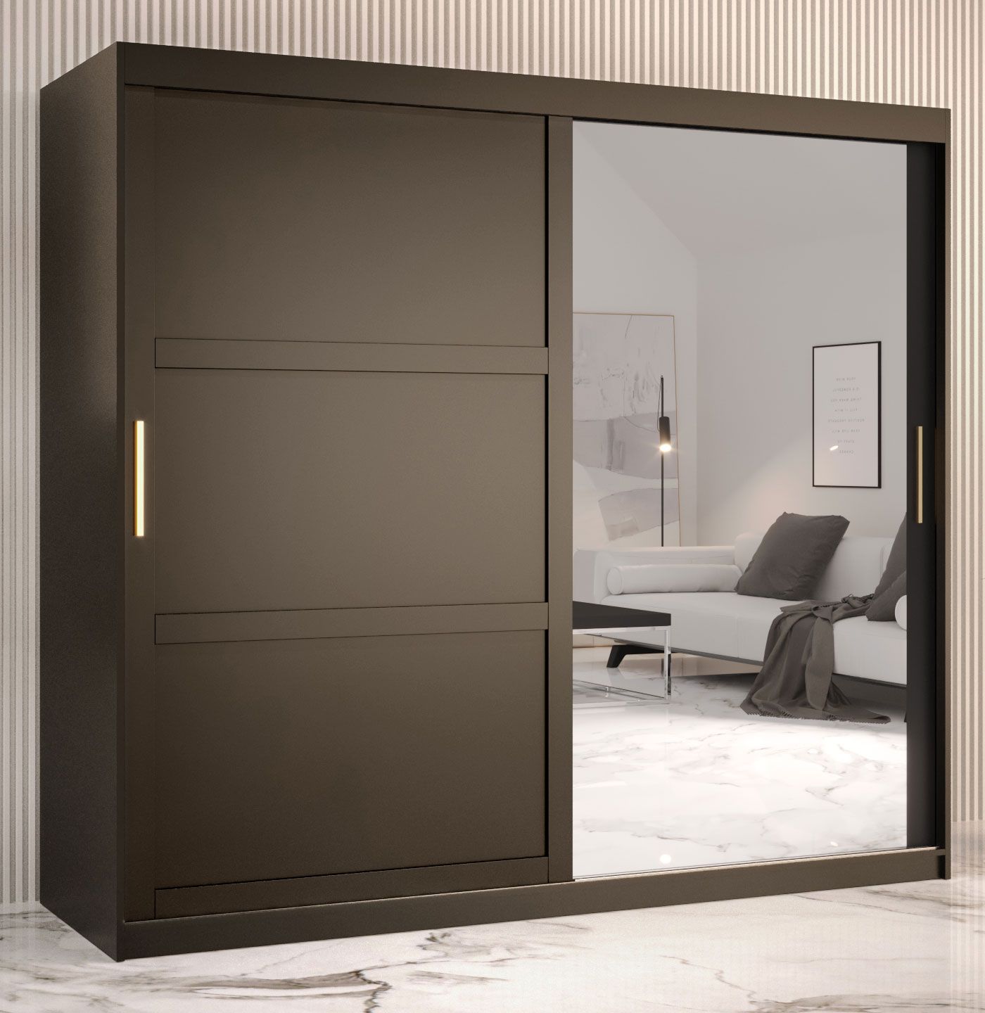 Elegante Armadio con anta a specchio Liskamm 44, nero opaco - 200 x 200 x 62 cm (h x l x p), 10 scomparti e 2 barre appendiabiti