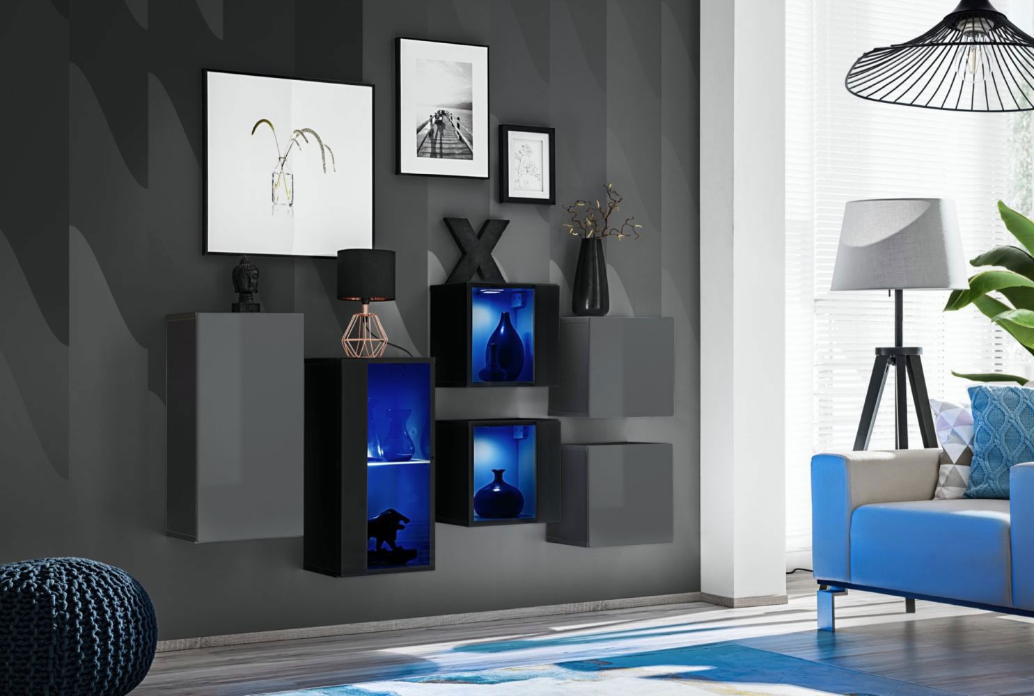 Armadi a muro / armadi a muro con funzione push-to-open Volleberg 105, colore: grigio / nero - Dimensioni: 80 x 150 x 25 cm (A x L x P), con 6 ante