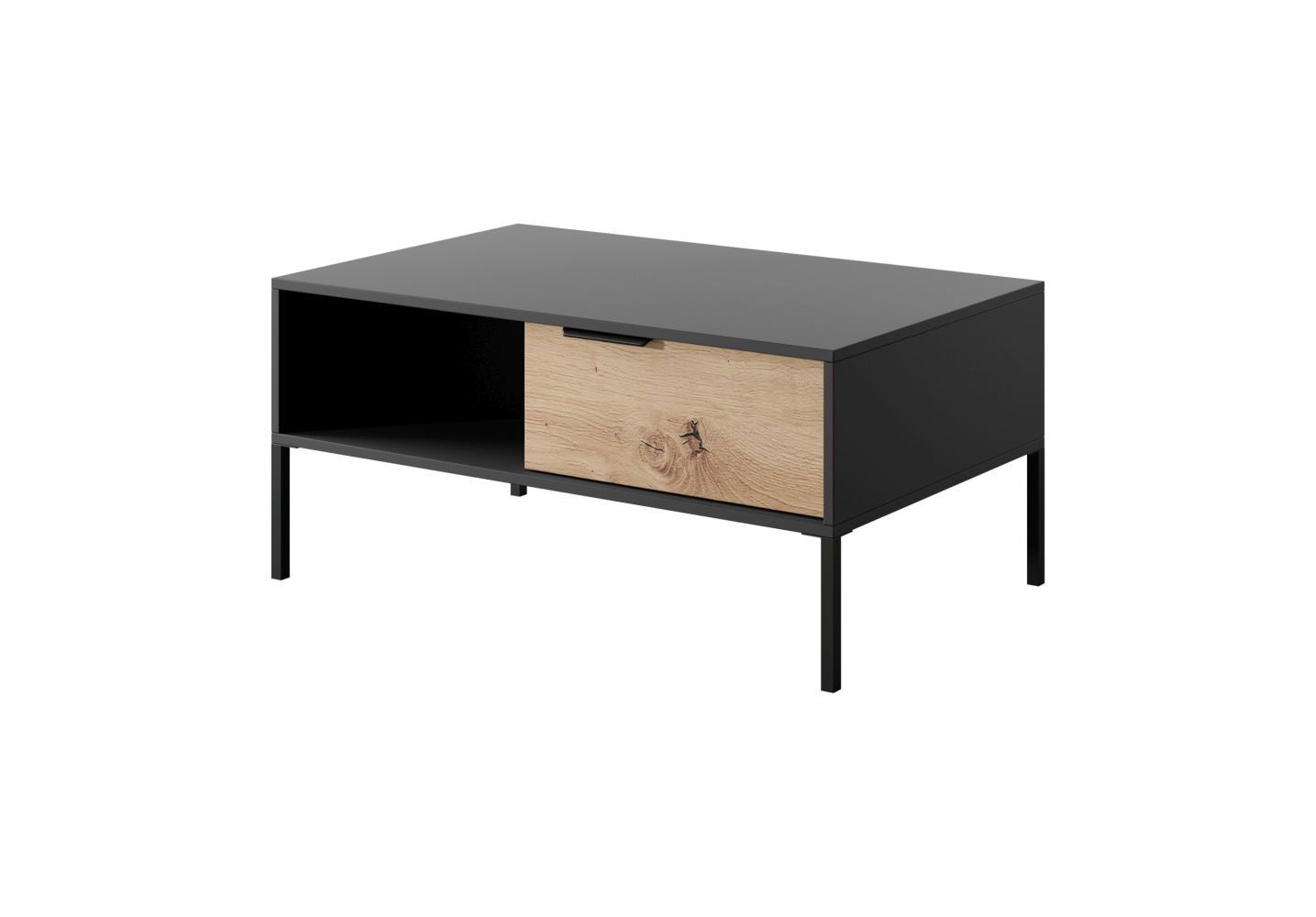 Tavolino scuro con due cassetti Fouchana 14, colore: Nero / Rovere Artisan - Dimensioni: 44 x 97 x 60 cm (A x L x P)