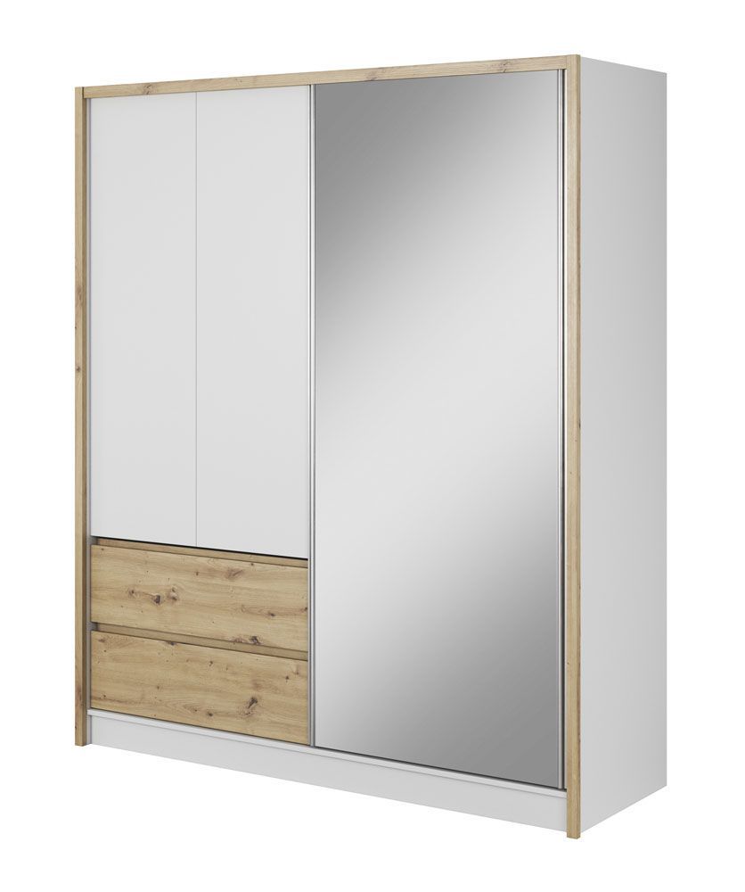 Armadio Kirkdale 06 con sei scomparti e due cassetti, colore: bianco / rovere Artisan - dimensioni: 214 x 184 x 62 cm (A x L x P), con sufficiente spazio di archiviazione.
