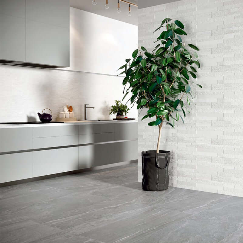 Rivestimento in Ceramica Effetto Muretto 25x75 Decoro Struttura Focus Bianco Orione- Herberia