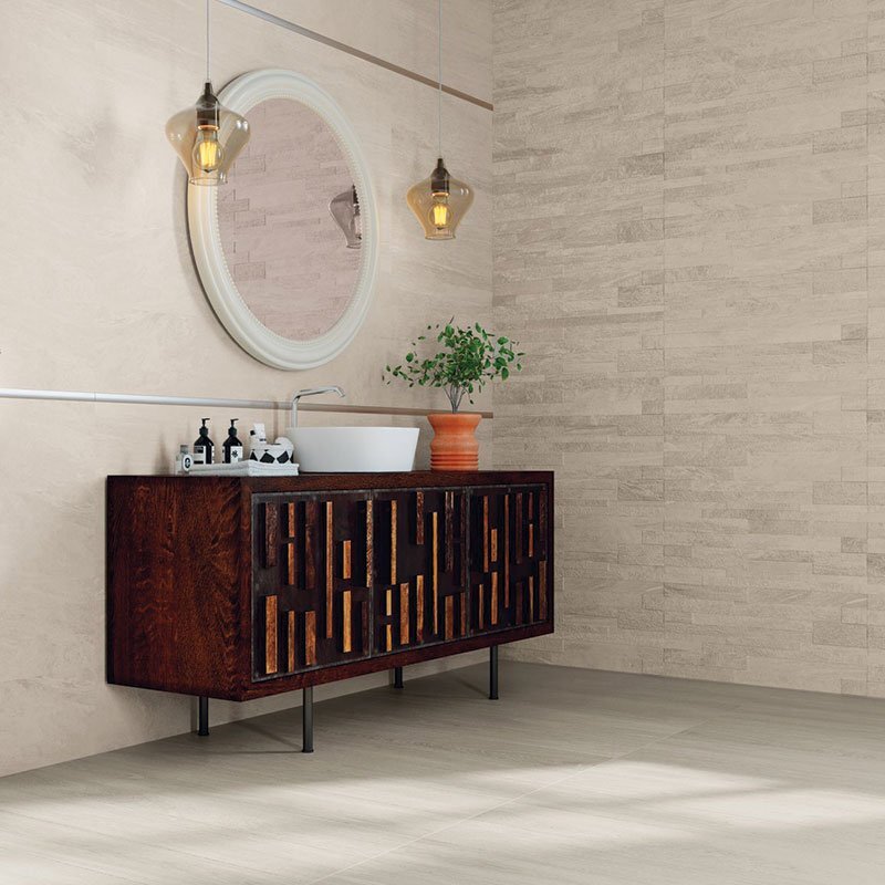 Rivestimento in Ceramica Effetto Muretto 25x75 Decoro Struttura Focus Beige Orione- Herberia