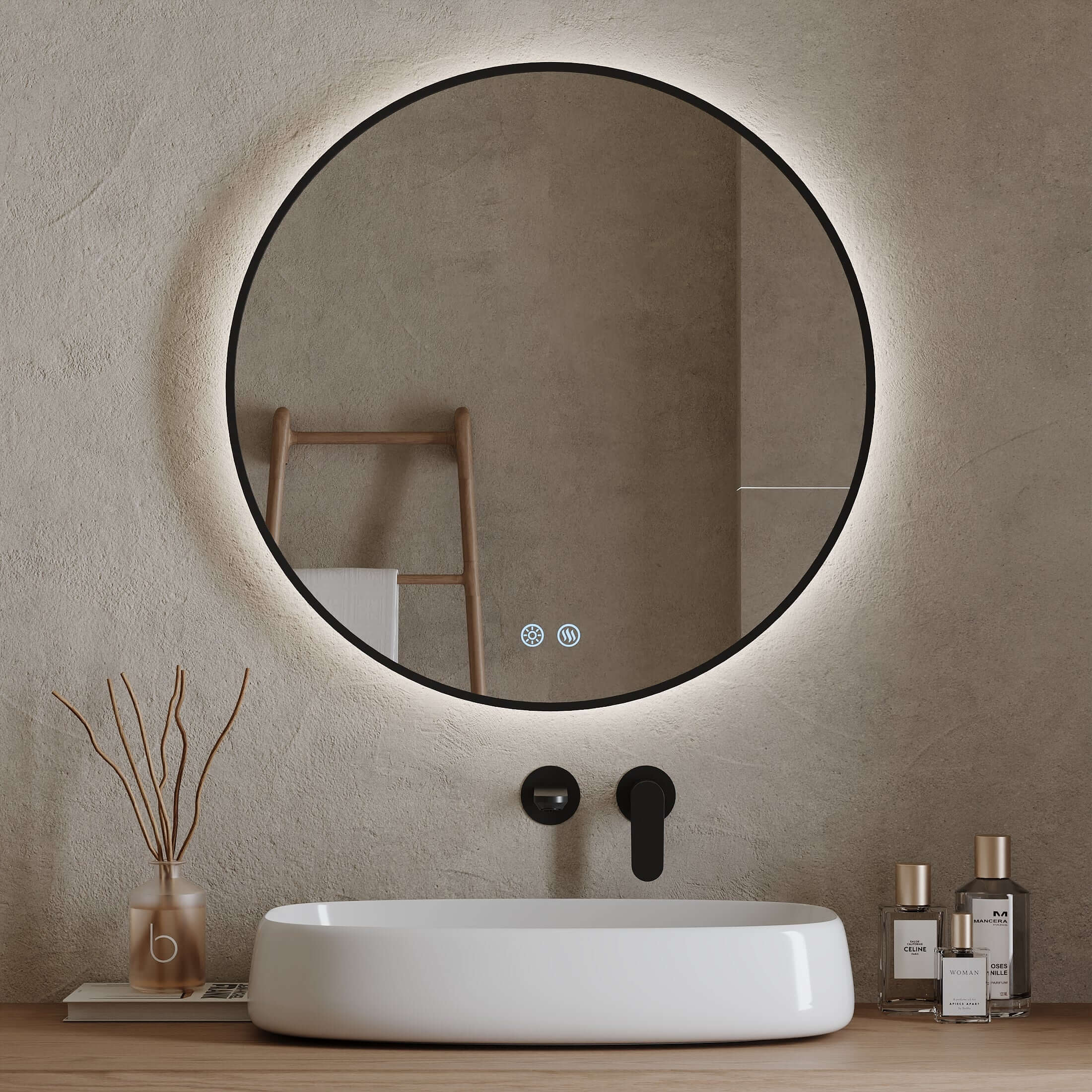 Specchio Tondo Retroilluminato Anti appannamento 80 cm Profilo Nero - Fiji