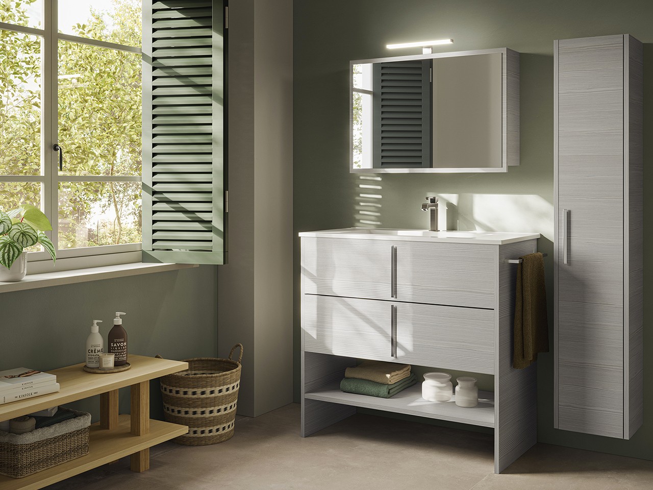 Mobile Bagno Smile 90 cm in appoggio a terra con 2 Cassetti Larice Grigio con Lavabo Integrato Smile In Resina-9018228