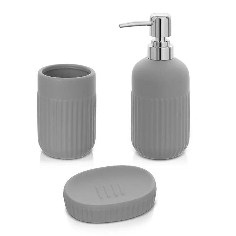 Accessori bagno da appoggio in set 3 pezzi in ceramica colore grigio Cup