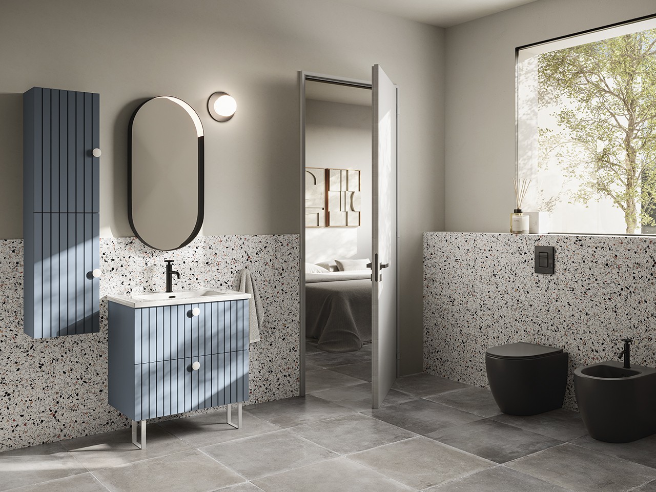 Mobile Bagno LERICI L75 cm a Terra con 2 Cassetti finitura Azzurro Opaco con Lavabo Unitop in Ceramica-9021156