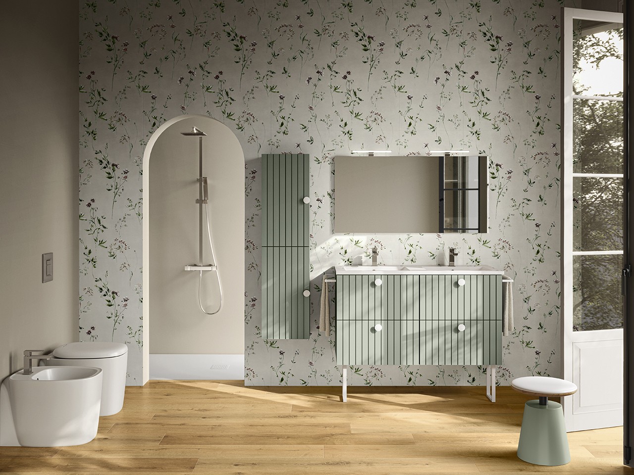 Mobile Bagno LERICI L120 cm a Terra con 4 Cassetti finitura Verde Opaco con Lavabo Unitop in Resina-9021155