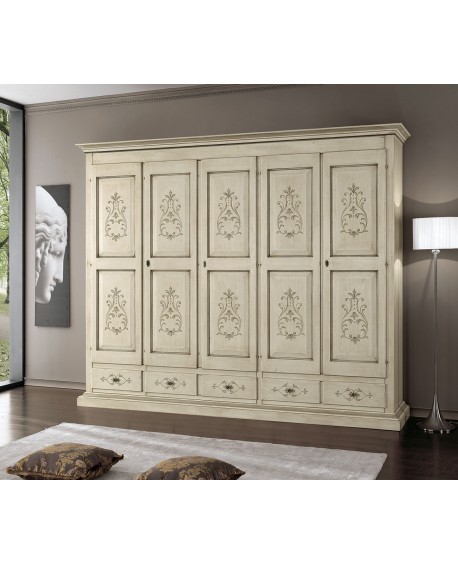 ARMADIO legno massello colore avorio anticato decorato a mano L 254 P 61 H 240
