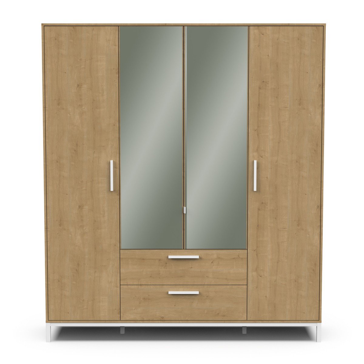 Armadio 4 ante apribili, 2 specchi e 2 cassetti, decoro rovere e bianco opaco, H220 cm - CRAFT