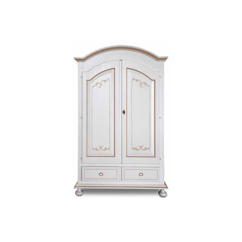 Armadio a cappello tondo arte povera in legno massello in bianco con decori filo acro