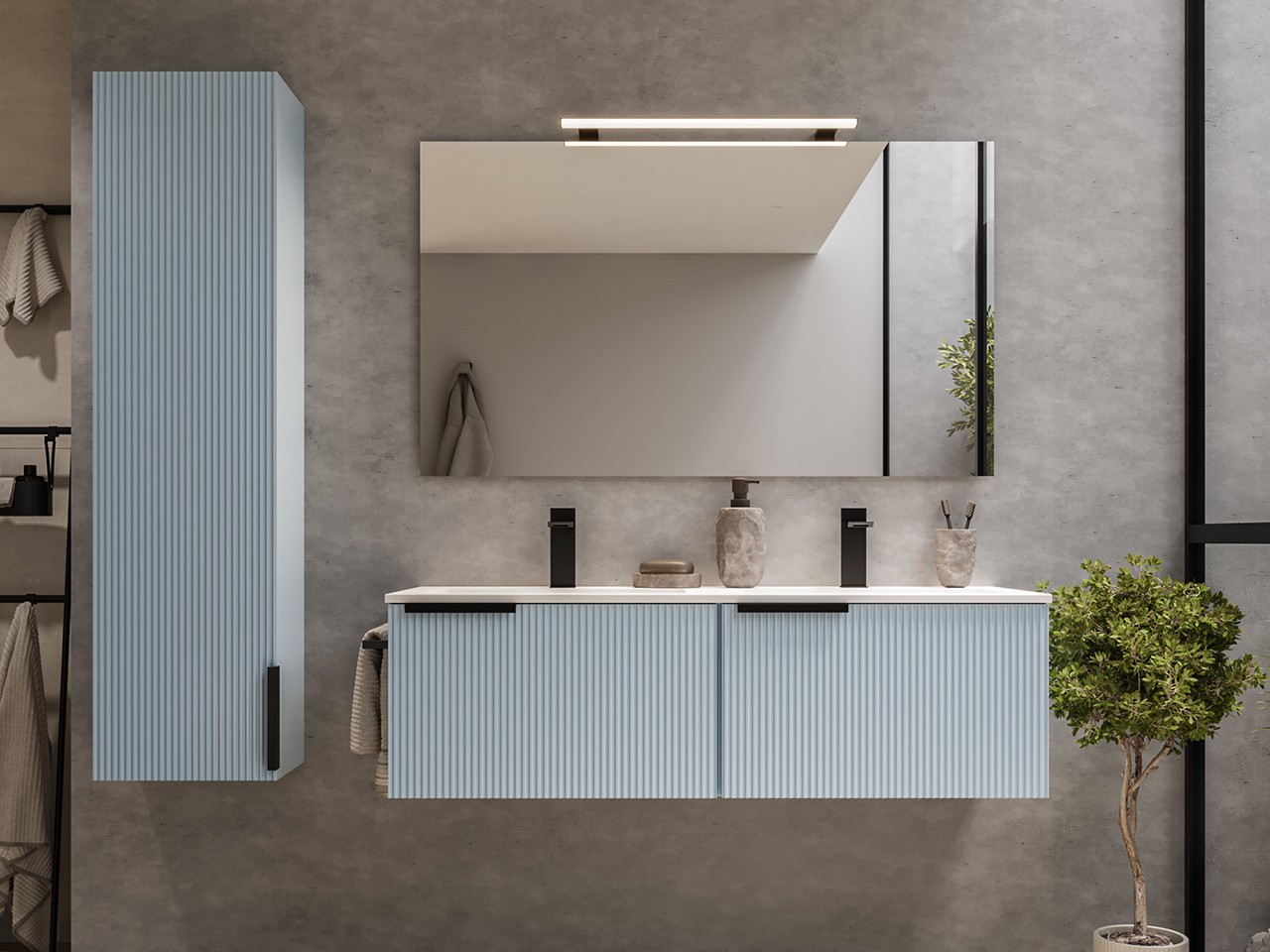 Mobile Bagno AVIVO 120 cm 2 Cassetti Cannettato Azzurro Opaco con Lavabo Ceramica Bianco Lucido-9024899