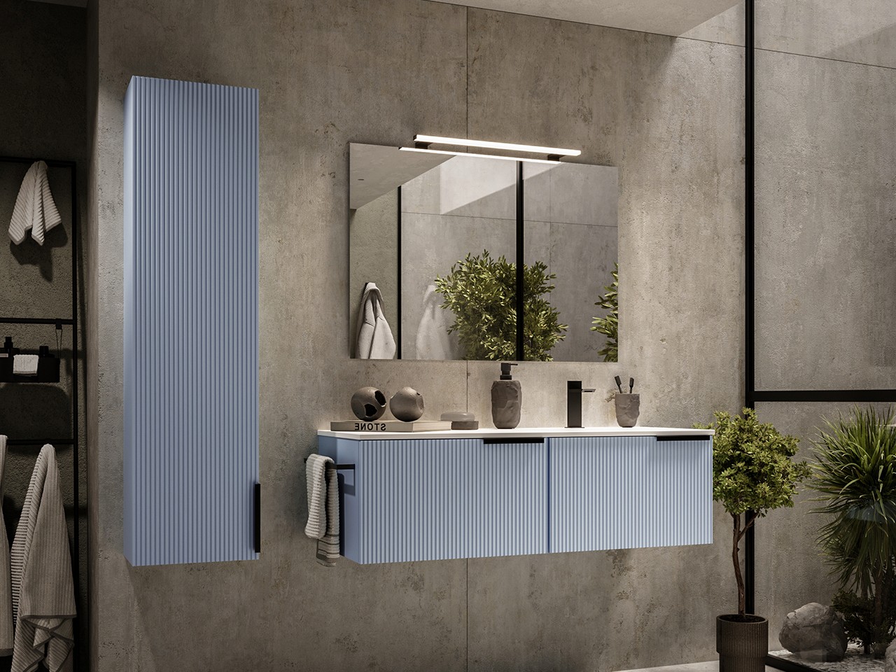 Mobile Bagno AVIVO 120 cm 2 Cassetti Cannettato Azzurro Opaco con Lavabo Ceramica Destra Bianco Lucido-9024999