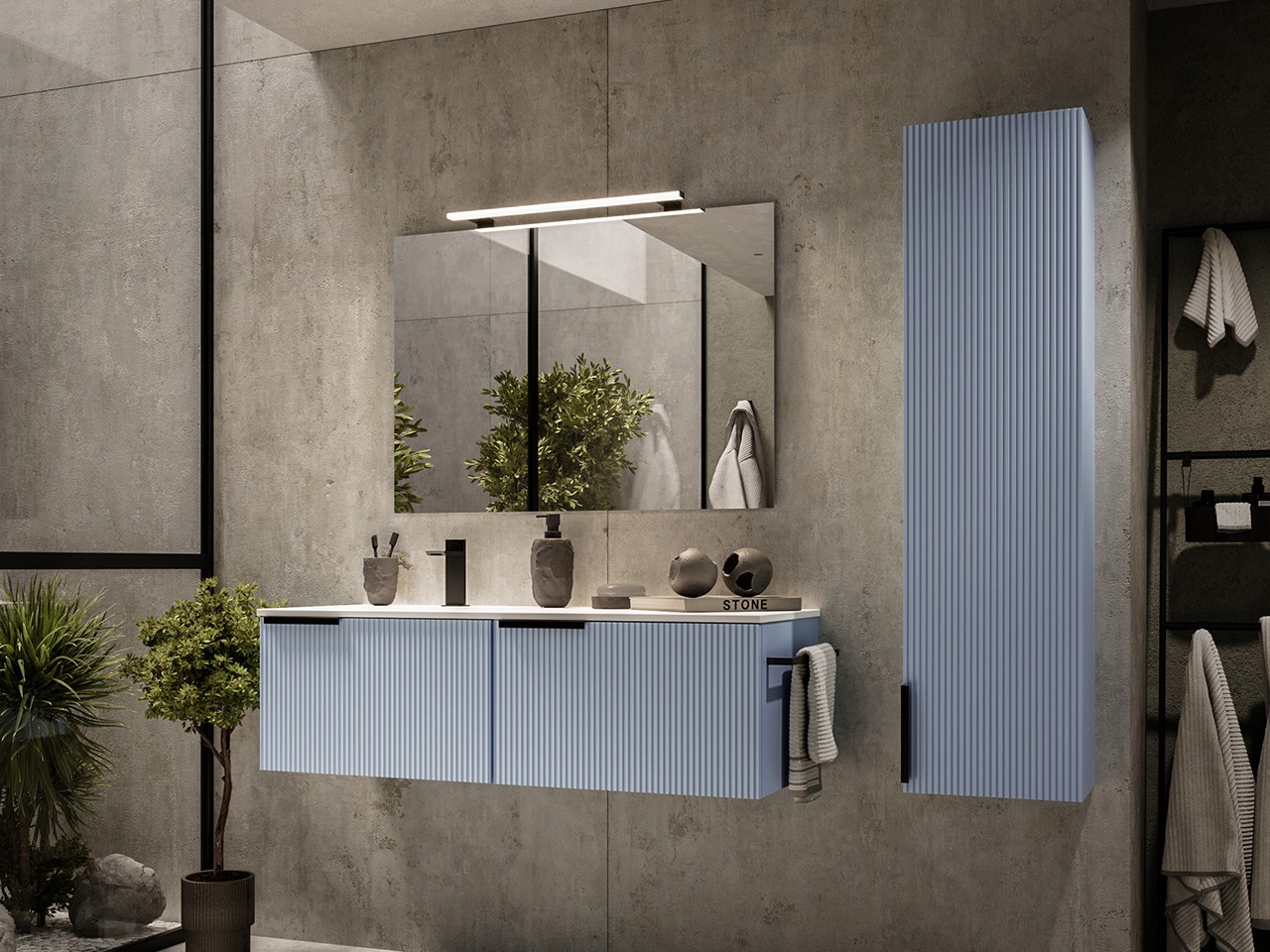 Mobile Bagno AVIVO 120 cm 2 Cassetti Cannettato Azzurro Opaco con Lavabo Ceramica Sinistra Bianco Lucido-9025000