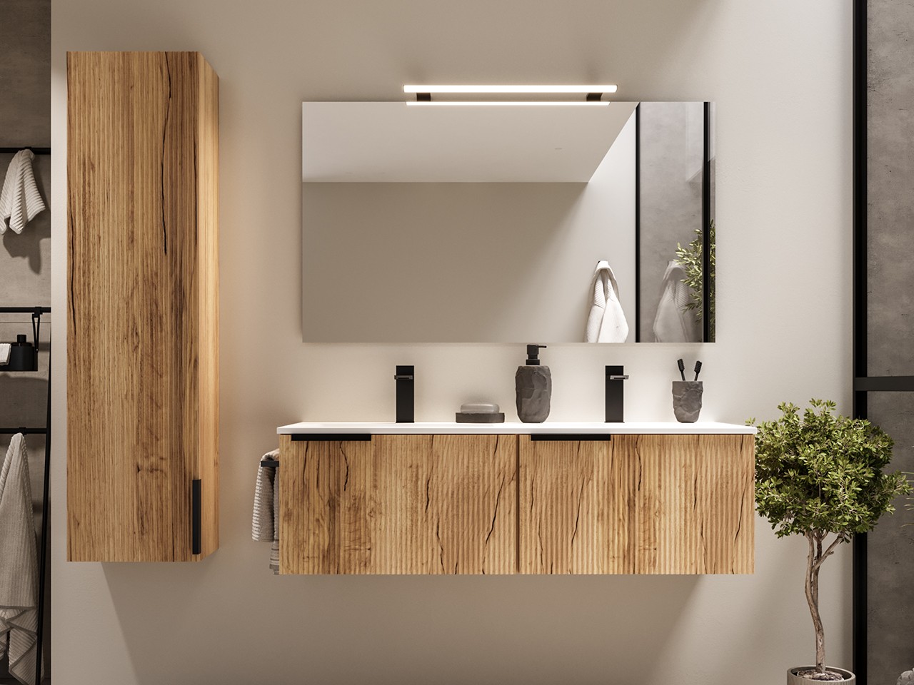 Mobile Bagno AVIVO 120 cm 2 Cassetti Cannettato Rovere Chiaro con Lavabo Ceramica Bianco Lucido-9024901