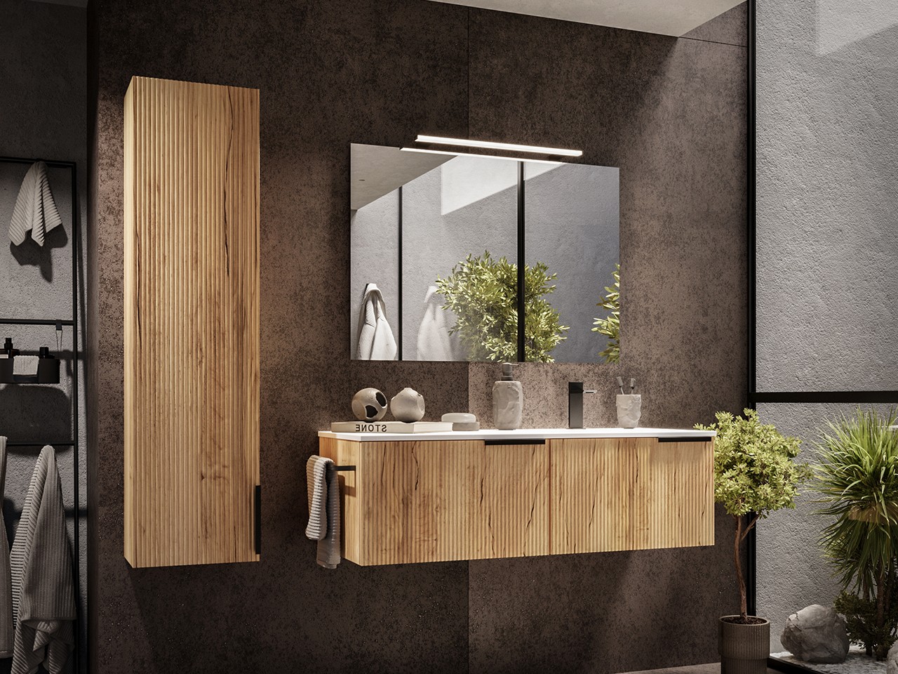 Mobile Bagno AVIVO 120 cm 2 Cassetti Cannettato Rovere Chiaro con Lavabo Ceramica Destra Bianco Lucido-9025001