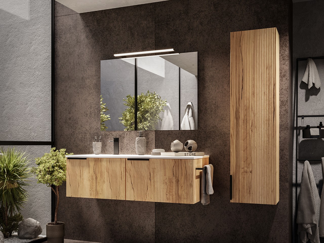 Mobile Bagno AVIVO 120 cm 2 Cassetti Cannettato Rovere Chiaro con Lavabo Ceramica Sinistra Bianco Lucido-9025002