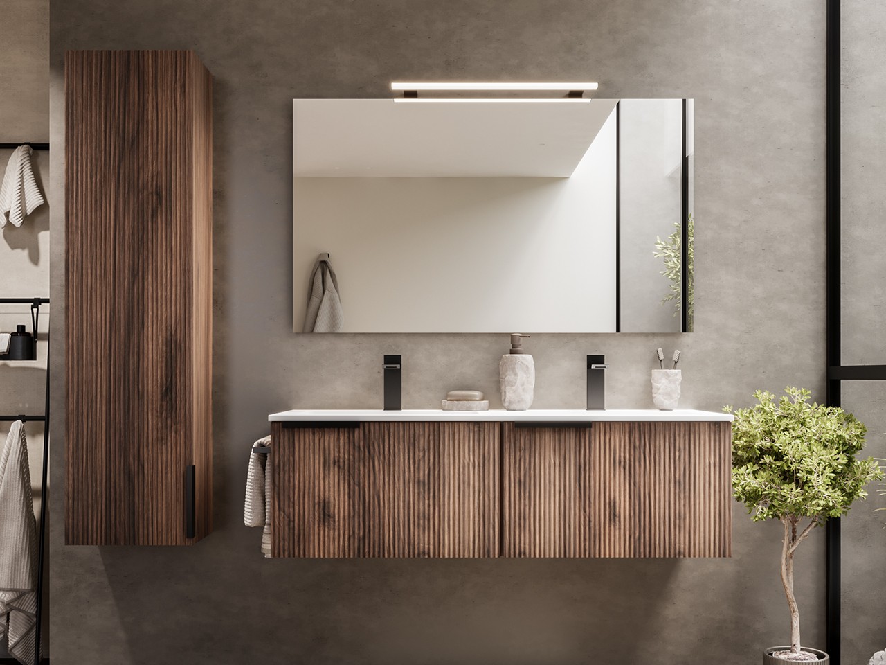 Mobile Bagno AVIVO 120 cm 2 Cassetti Cannettato Rovere Scuro con Lavabo Ceramica Bianco Lucido-9024903