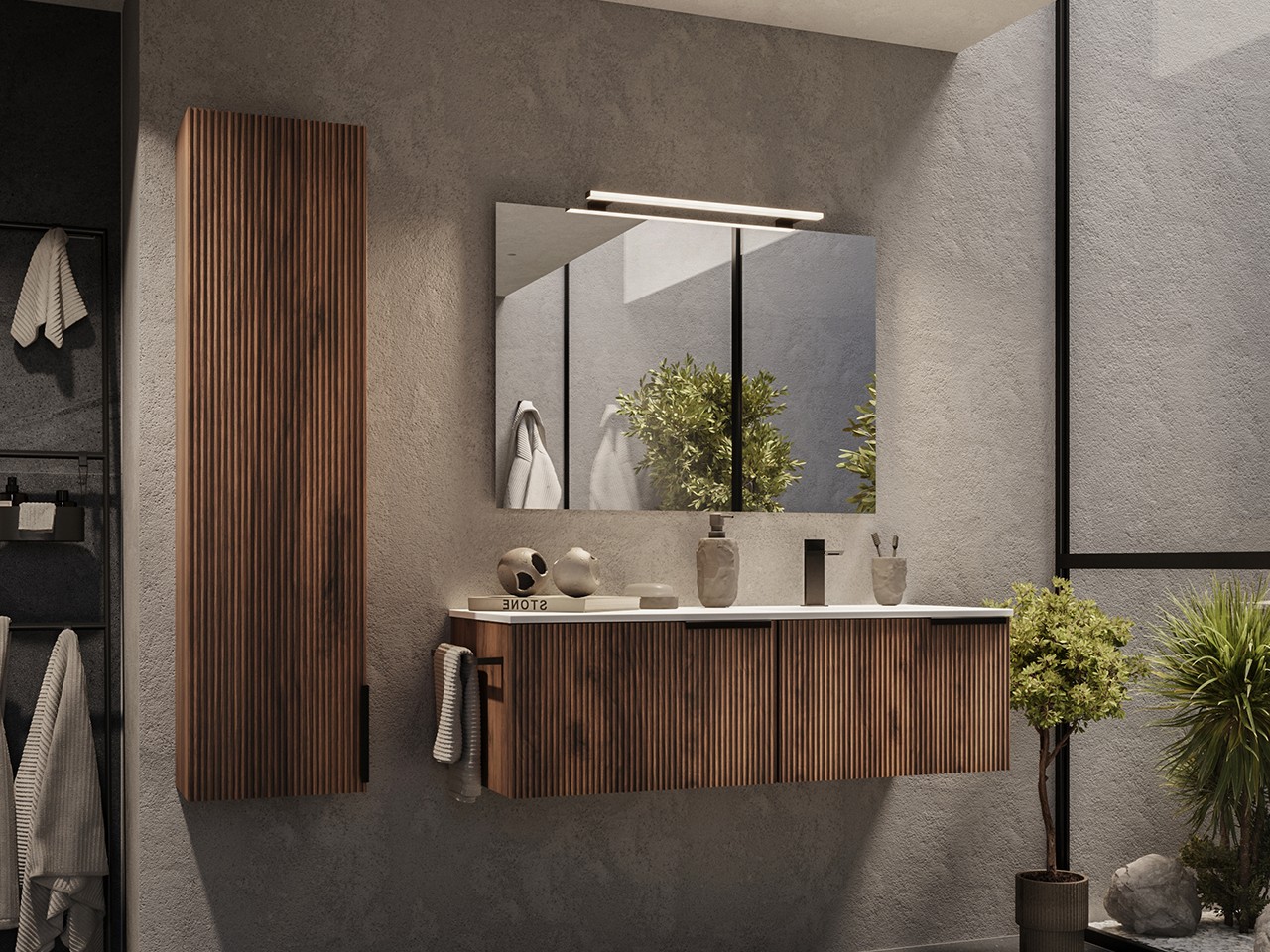 Mobile Bagno AVIVO 120 cm 2 Cassetti Cannettato Rovere Scuro con Lavabo Ceramica Destra Bianco Lucido-9025003