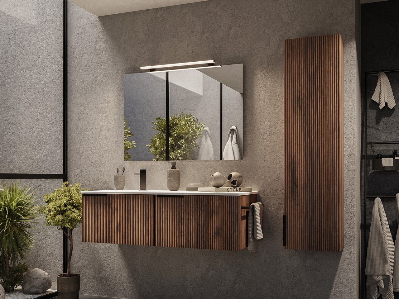 Mobile Bagno AVIVO 120 cm 2 Cassetti Cannettato Rovere Scuro con Lavabo Ceramica Sinistra Bianco Lucido-9025004