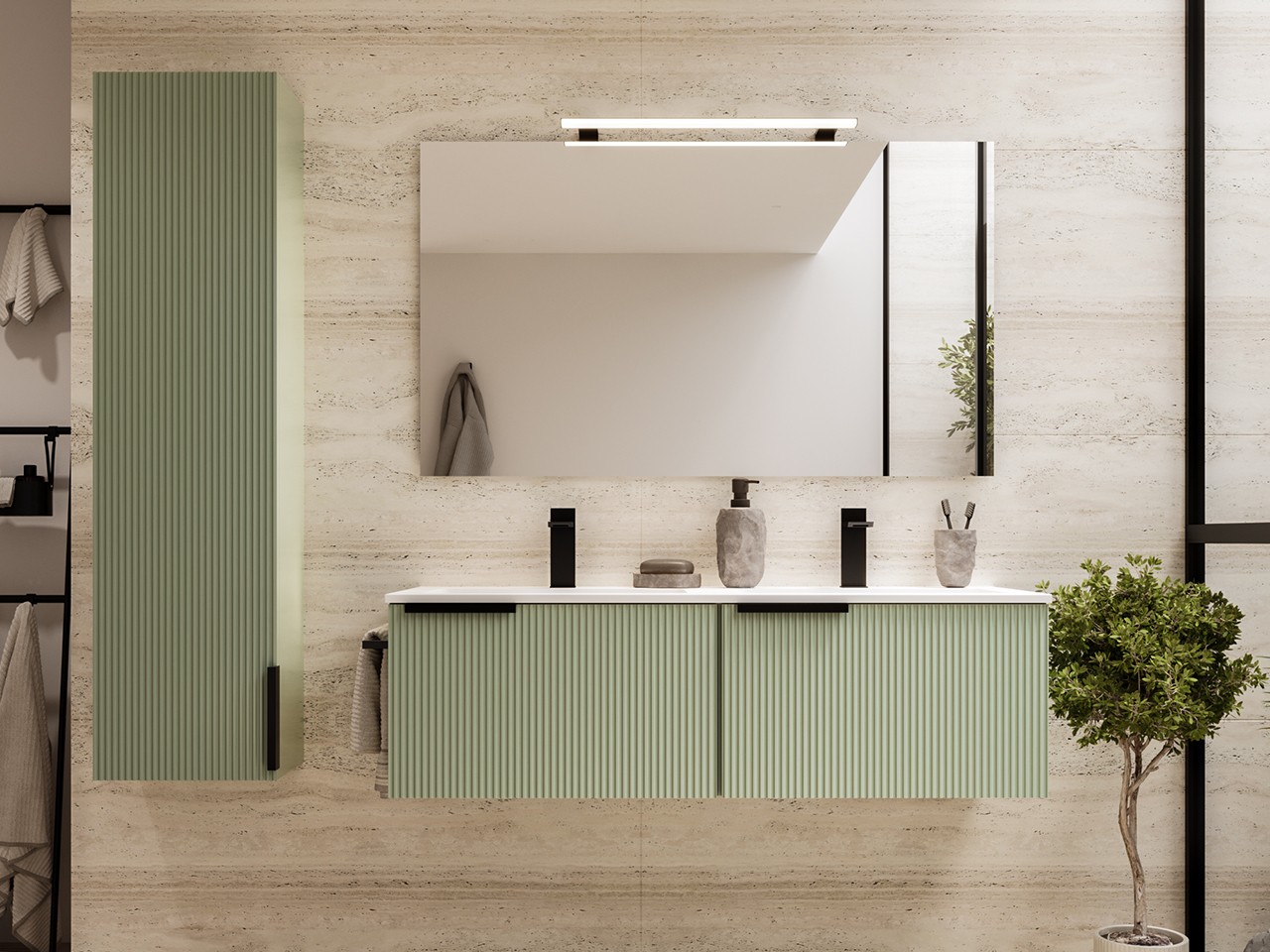 Mobile Bagno AVIVO 120 cm 2 Cassetti Cannettato Verde Opaco con Lavabo Ceramica Bianco Lucido-9024905