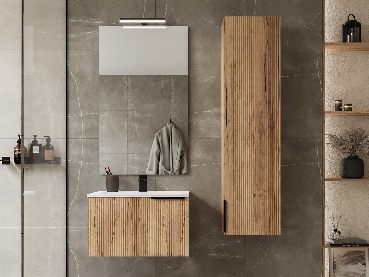 Mobile Bagno AVIVO 60 cm 1 Cassetto Cannettato Rovere Chiaro con Lavabo Resina HIDE Bianco Lucido-9024872