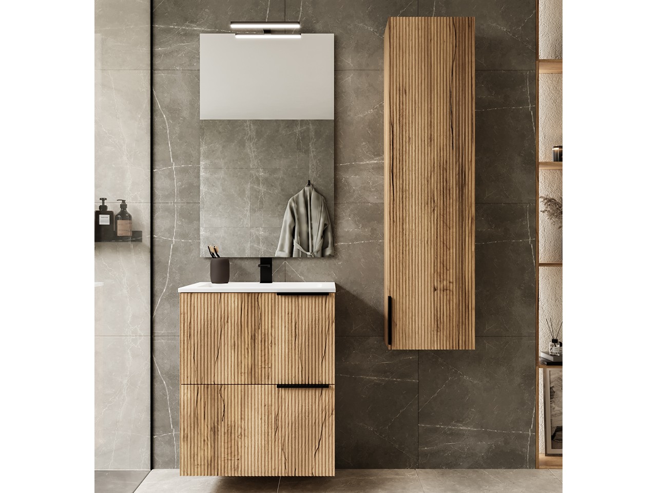 Mobile Bagno AVIVO 60 cm 2 Cassetti Cannettato Rovere Chiaro con Lavabo Ceramica Bianco Lucido-9024887