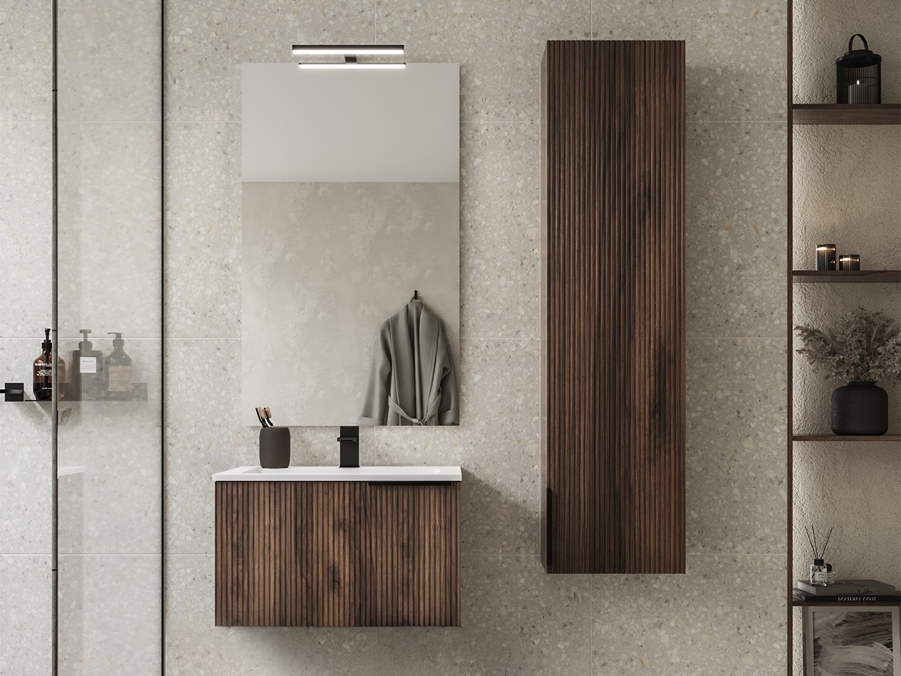 Mobile Bagno AVIVO 60 cm 1 Cassetto Cannettato Rovere Scuro con Lavabo Resina Bianco Lucido-9024878