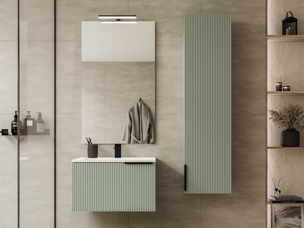 Mobile Bagno AVIVO 60 cm 1 Cassetto Cannettato Verde Opaco con Lavabo Ceramica Bianco Lucido-9024879