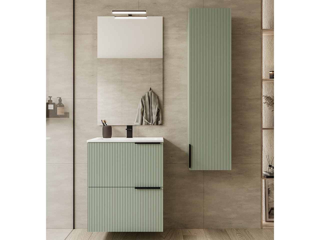 Mobile Bagno AVIVO 60 cm 2 Cassetti Cannettato Verde Opaco con Lavabo Resina Bianco Lucido-9024898